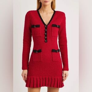 Self Portrait Sequin-Embellished Waffle-Knit Mini Dress Red Long Sleeve Size M